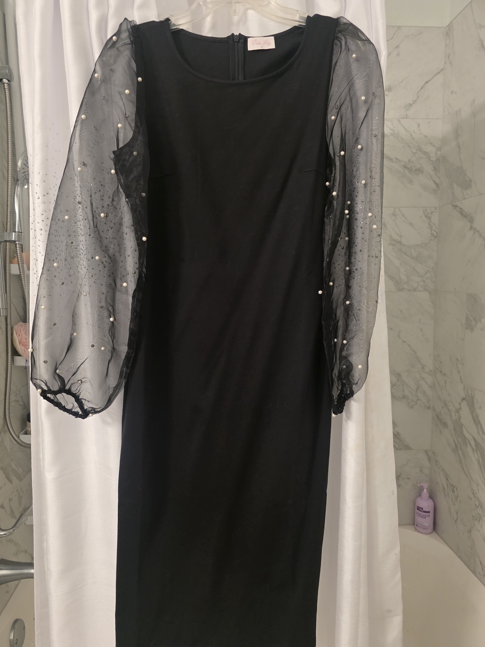 Pink Lily Black Sheer Pearl-Embellished Long-Sleeve Dress